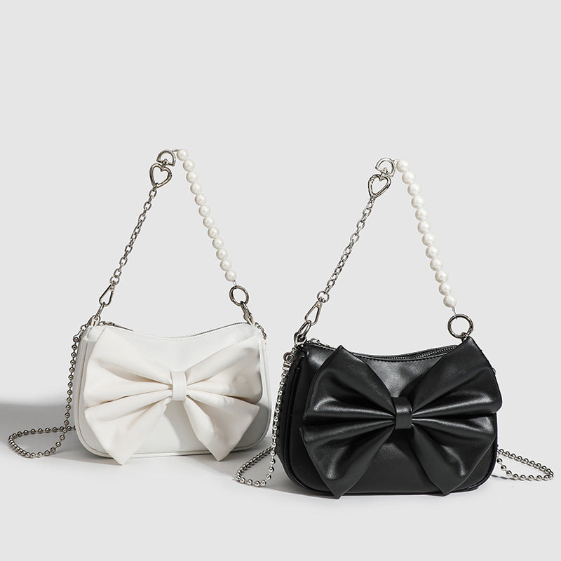 Black White PU Bow Handbags Autumn Winter Ladies Underarm Tote Bags