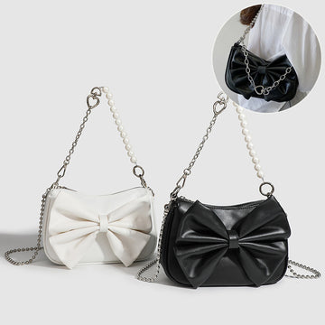 Black White PU Bow Handbags Autumn Winter Ladies Underarm Tote Bags